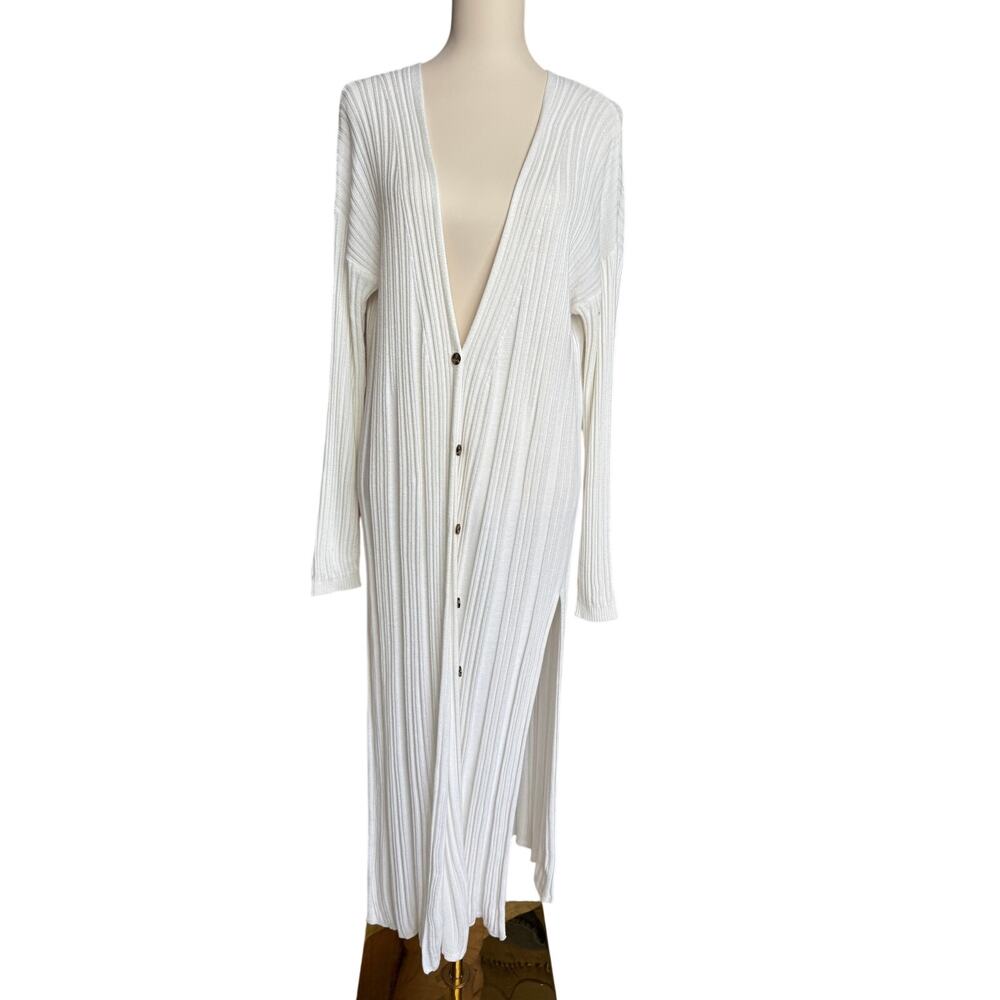 Free People Skinny Mini Midi White Ribbed Long Duster Size Medium - Picture 7 of 7